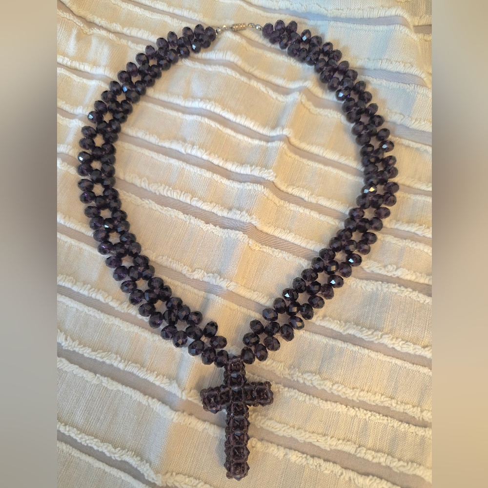 Purple Glass Bead woven choker necklace featuring a delicate cross pendant